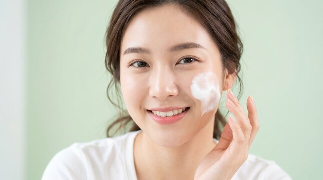 Beautiful young Asian woman happily applying facial cleanser foam to her cheek, enjoying a refreshing morning skincare routine for healthy, glowing skin with a radiant smile in a bright, clean setting