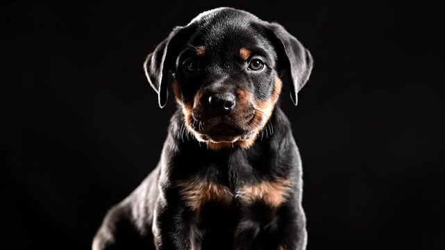Cute Rottweiler puppy portrait against a black background.