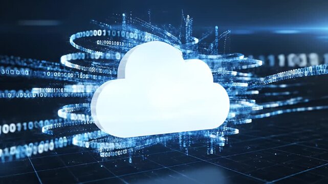 A futuristic digital cloud icon floats within a vibrant matrix of binary code, symbolizing cloud computing and data storage.