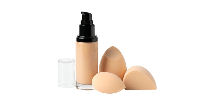 Isolated Foundation Bottle With Makeup Sponges Light Peach Tones Studio Light