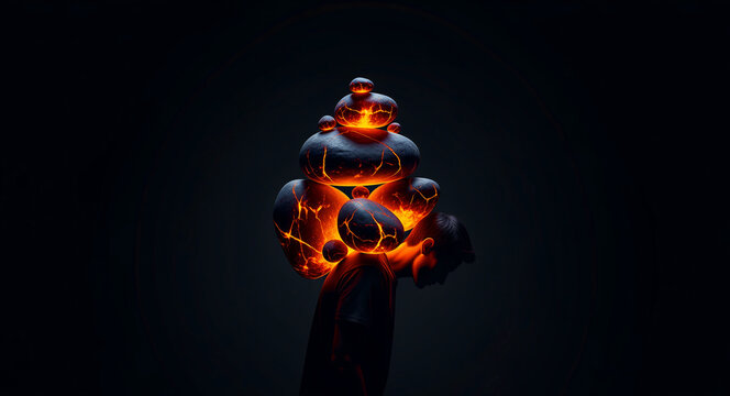 Man carrying heavy glowing stones on his back. Cracked lava rocks represent immense pressure and stress. Emotional burden and burnout concept for mental health awareness and wellness campaigns.