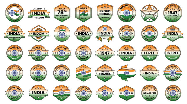 India Independence Day badges, set of 40 patriotic Indian flag labels, saffron white and green tricolor emblems for 78th Independence Day celebration