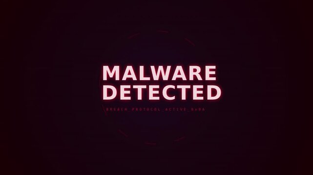 Digital alert on a dark background indicating malware detection with red neon-style text emphasizing breach, malicious, and active area