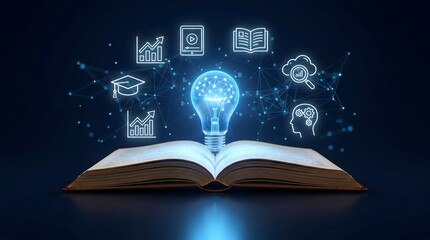 Artificial intelligence education concept featuring open book with glowing brain lightbulb hologram and digital learning icons