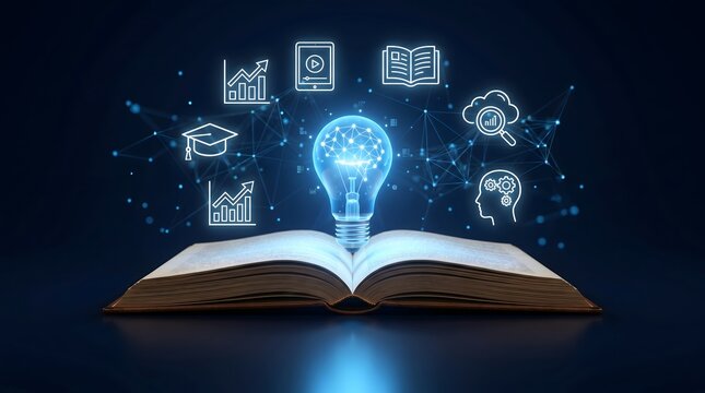 Artificial intelligence education concept featuring open book with glowing brain lightbulb hologram and digital learning icons