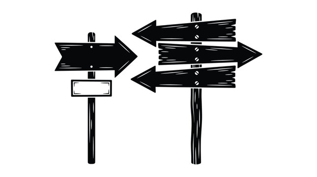 Set of two wooden directional arrow signs with blank space for text pointing multiple ways for guidance.