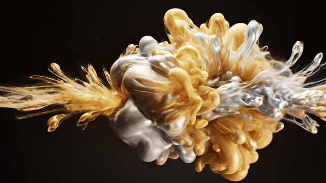 Two vibrant swirls of golden and silver ink gracefully disperse in a dark, fluid environment, creating an abstract and mesmerizing visual display.