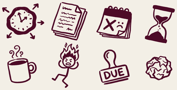 Hand-drawn illustration of stress and time management icons, representing the challenges of deadlines and pressure.