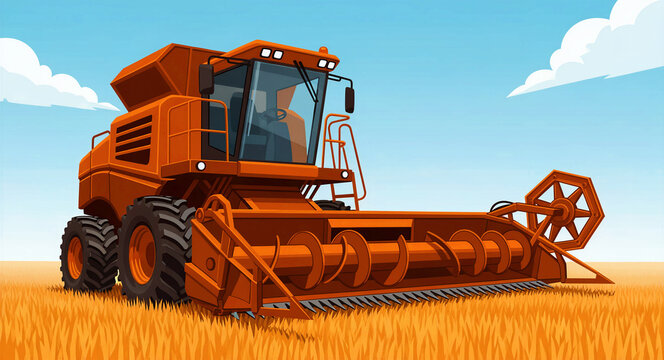 Orange combine harvester working in a vast golden wheat field under a blue sky. Modern agricultural machinery vector illustration. Farming industry concept for agricultural marketing campaigns.