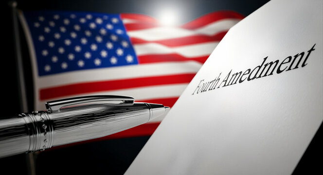 Fourth Amendment text on paper with a luxury pen. An American flag waves in the blurred background. Constitutional law and privacy rights concept for legal education and justice system themes.