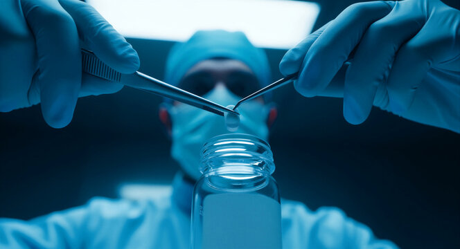 Scientist holding a pill with tweezers over a glass jar in a sterile lab. Researcher in blue scrubs performing pharmaceutical quality control. Drug development concept for biotech and healthcare.