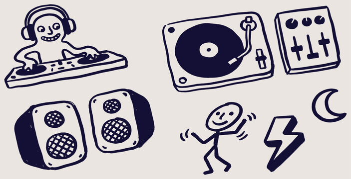 Hand-drawn illustration of a DJ with turntable, mixer, speakers, and dancing figure.