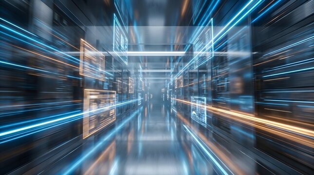 High speed data transfer in futuristic data center with floating digital panels and fast light streams symbolizing advanced cloud network