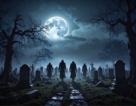 zombies walking towards camera in cemetery.