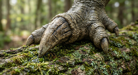 Obraz premium An extreme macro photograph of an Iguanodon's hand resting on a mossy log. The primary focus is the large, conical, sharply pointed thumb spike