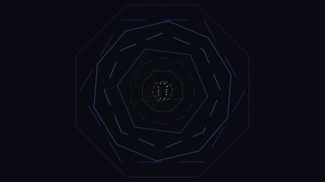 Abstract digital tunnel of glowing geometric neon polygons in dark space