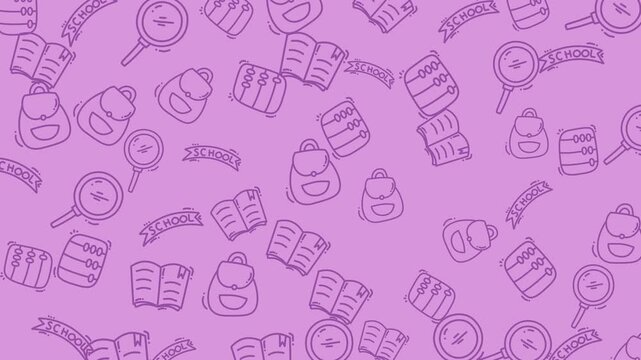 Pattern displaying purple school supplies like books and bags on background. Suitable for backtoschool designs, stationery products, and educational materials.