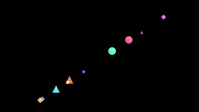 Minimalist composition of colorful geometric shapes on a solid black background