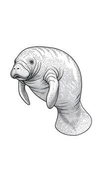 Isolated Manatee Illustration Vintage Line Art Black White