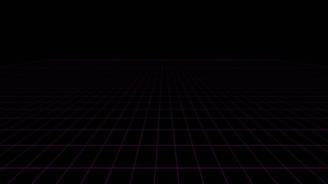 A dark retro digital grid landscape with glowing purple light lines