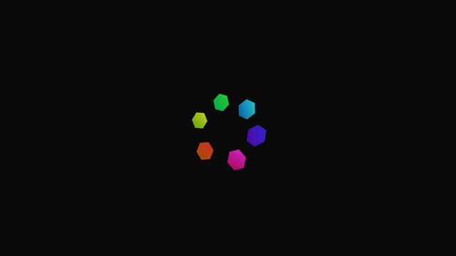 A circular arrangement of six small colorful hexagons on a plain black background