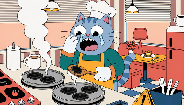 Crying cat chef in kitchen burns pancakes on griddle, smoke rising and tears streaming while holding charred pancake, chaotic cozy diner scene