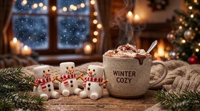 Cute winter background with a steaming mug of hot chocolate and marshmallow snowmen, perfect for holiday season decorations and cozy ambiance