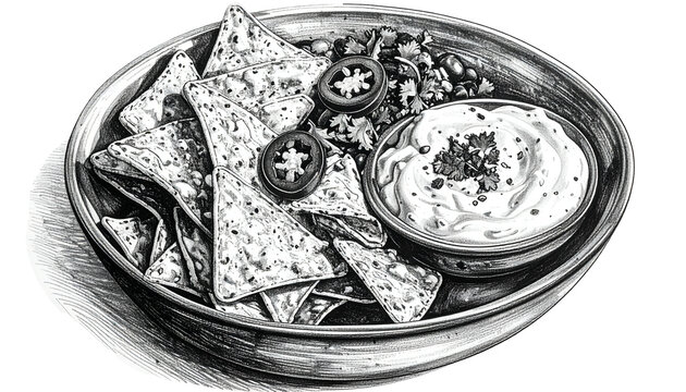 Isolated Nachos With Dip Drawing And Jalapenos In Bowl