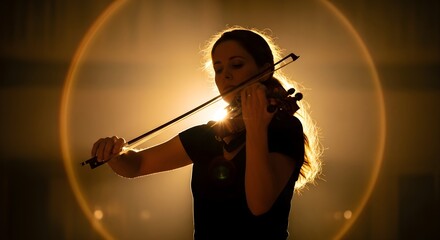 Fototapeta premium Silhouette of a young woman playing the violin with a bright halo of light behind her.