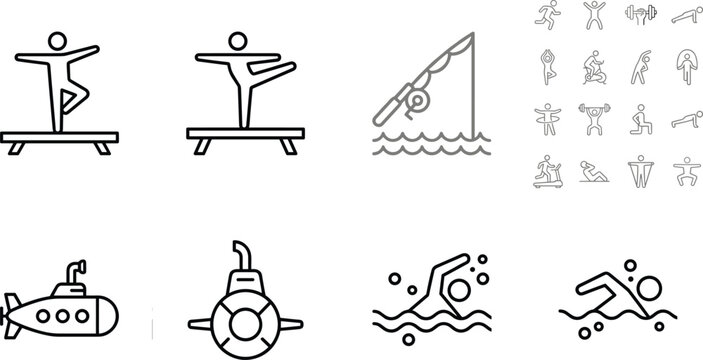 Outline Water and Gymnastics Sport Icons Set with Swimmer Gymnast Submarine Lifebuoy Fishing and Exercise Pose Vector