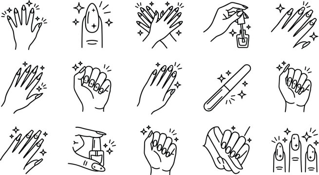 Outline Female Hands Nail Care and Manicure Icons Set with Polish File Sparkle Fist and Gesture Beauty Vector