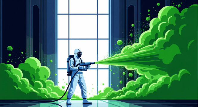 Person in hazmat suit spraying green gas in a modern room. Professional fumigation or decontamination process using specialized equipment. Sanitation and biohazard cleaning concept.