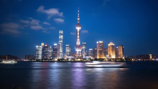 Shanghai skyline at night featuring the Oriental Pearl Tower reflecting on the river