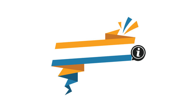 Decorative folded ribbon banner in orange and blue colors featuring a circular black information icon with a lowercase letter i.