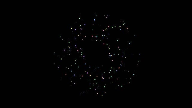 A circular pattern of colorful glowing light particles against dark background