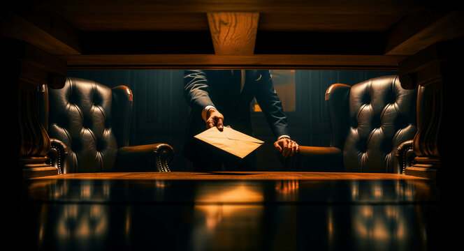 Man in a suit passing an envelope across a wooden table in a dark room. Secretive deal or bribe taking place between leather chairs in a private office. Corruption concept for legal scandal themes.