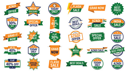 Naklejka premium Azadi sale badge collection, 30 promotional discount labels in orange and green, Indian independence day marketing stickers, retail offer vector set