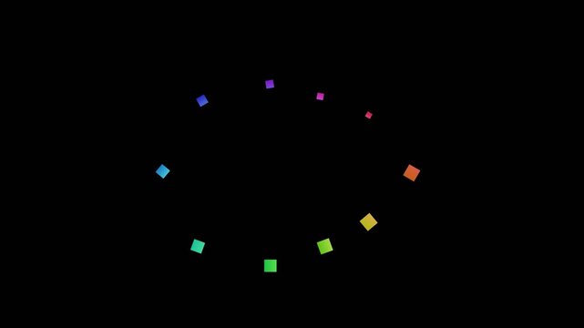 A circular arrangement of small colorful square blocks on a black background
