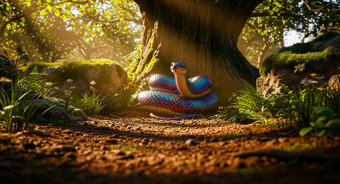 Iridescent rainbow snake coiled at a tree base in a sunlit forest. Shimmering reptile glows under sunbeams in enchanted woods. Fantasy wildlife concept, ideal for magic storytelling.