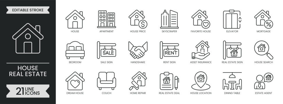 House real estate outline icon set. Containing house property apartment mortgage, building, rent, sale, agent, insurance, home, elevator and more. Editable stroke icons pack. Vector illustration