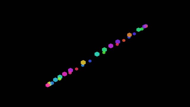 A vibrant circular arrangement of small colorful hexagons on black background