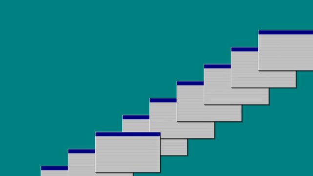 A sequence of cascading windows on a solid teal computer desktop background