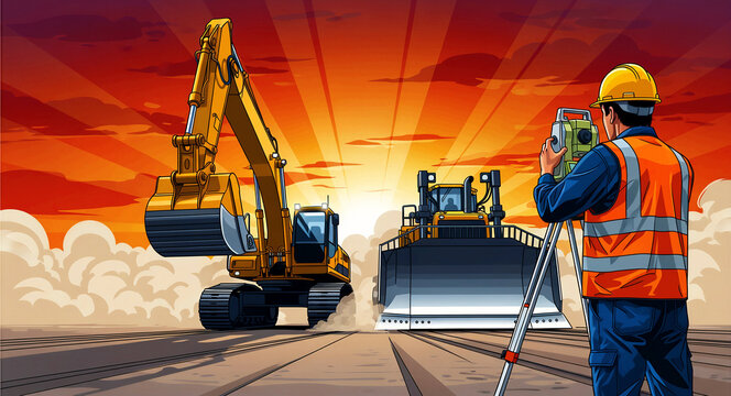 Surveyor using total station at construction site with machinery. Excavator and bulldozer work against a dramatic sunset sky. Civil engineering concept for infrastructure project marketing.