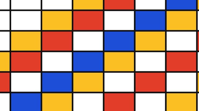 A vibrant grid pattern featuring colorful square blocks in primary hues