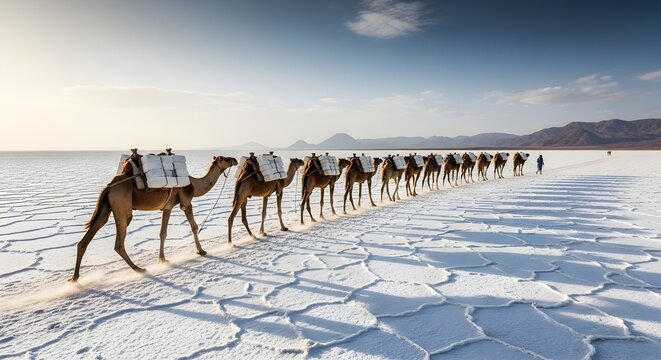 Caravan of camels walking across a salt flat under a vast sky.