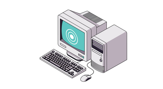 Isometric vector illustration of an old school personal computer system with monitor, tower, keyboard, and mouse.
