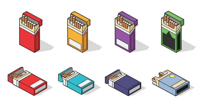 Multiple packs of cigarettes in various colors and designs shown in an isometric perspective to represent different tobacco brands.