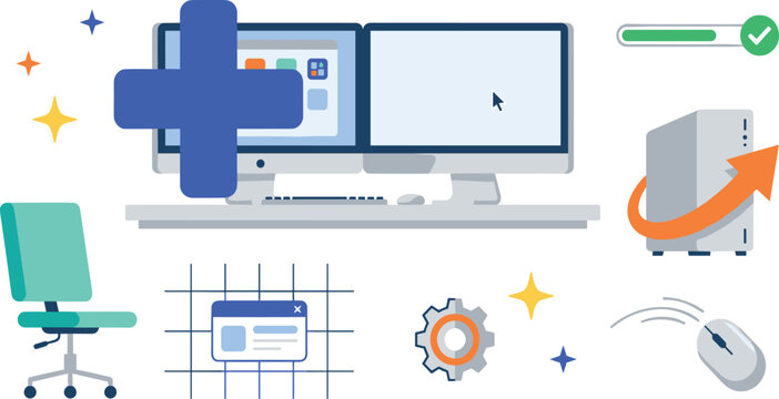 Website content migration vector concept featuring dual monitors computer setup server transfer process arrow and office workspace elements