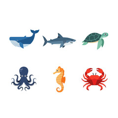 Fototapeta premium Collection of Six Diverse Marine Animals in Flat Design Style.