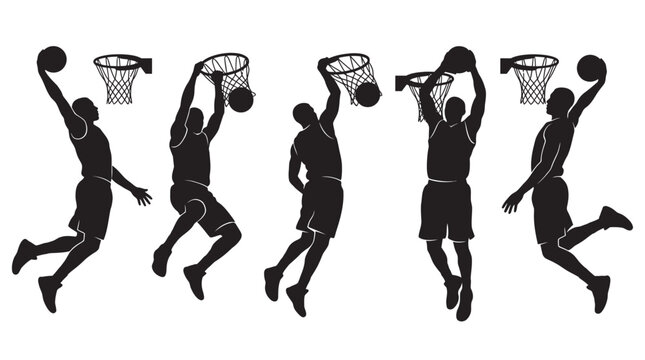 Basketball players dunking and shooting dynamic action silhouette